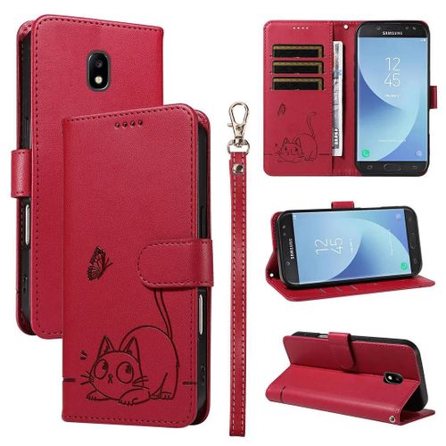 SATURCASE Coque pour Samsung Galaxy J3 2017, Chat Mignon PU Cuir Magnétique Flip Portefeuille Support Porte-Carte Dragonne Protecteur Housse Étui pour Samsung Galaxy J3 2017 (ZC-Rouge)