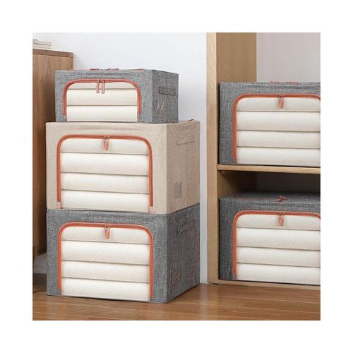 Coffre De Rangement Pliable 66 L Avec Cadre En Acier ¿ Organiseur Beige Pour Vêtements, Couettes, Jouets ¿ Empilable Et Portable
