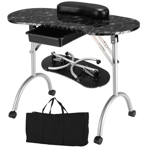 Table De Manucure Pliante À Roulettes - Costway - Tiroir - Coussin Pour Poignet - 90 X 37 X 68 Cm Noir