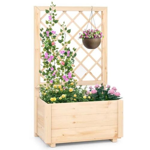 Costway Jardinière Surélevée En Sapin Avec Treillis Pour Plantes Grimpantes, Fleurs, Légumes, Fruits, Drainage, 58 X 35 X 101 Cm