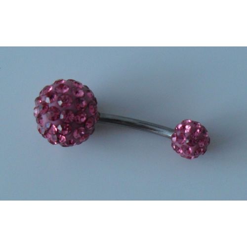 Piercing De Nombril 2 Boules A Strass Rose Tige Acier 12 Mm