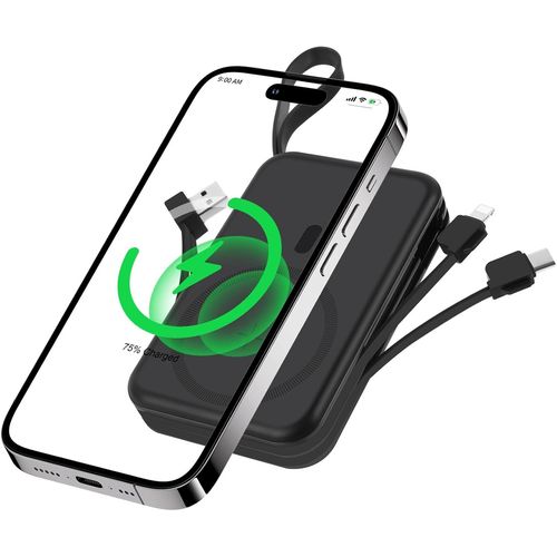 Batterie Externe Magnétique, Compatible Avec Magsafe, Batterie Externe 10000mah Avec 2 Câbles, Sans Fil Power Bank Charge Rapide Pd 22.5w, Compatible Iphone 16/15/14/13/12/Pro/Pro , Noir