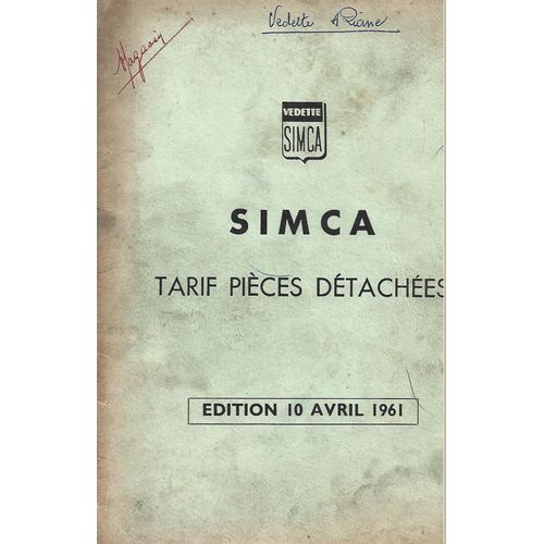 Simca Tarif Pièces Détachée Édition 10avril 1961