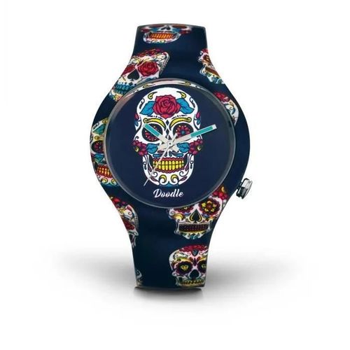 Bracelet Cuir Et Tissu Femme - Doodle - Montre Doodle Calaveras Mood Bleu - Couleur De La Matière:Noir