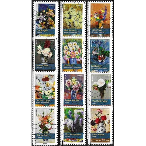 France 2015, Belle Série Complète, 12 Timbres Yvert 1120 À 1131, Bouquets De Fleurs Par Les Grands Peintres, Boudin, Cézanne, Manet, Van-Gogh, Caillebote, Fantin-Latour... Oblitérés, Tbe.