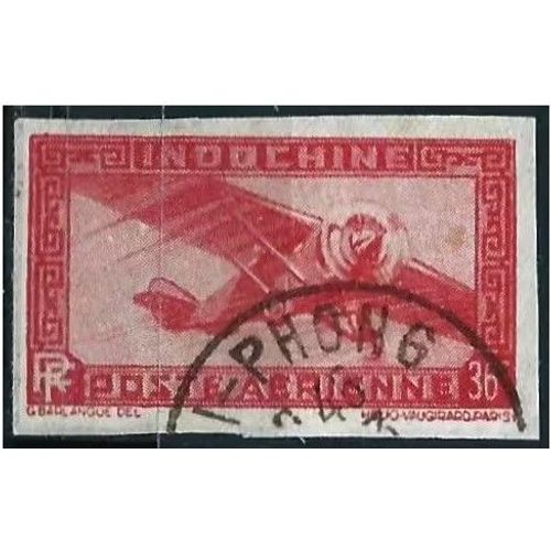 Indochine, Actuel Vietnam, Colonie Française 1942 / 44, Beau Timbre Rare De Poste Aérienne Yvert 29a Entier Postal - Non Dentelé, Avion Monomoteur 36c. Rose Carminé, Oblitéré, Tbe.