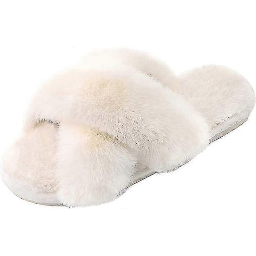 Femmes Cross Band Slippers Soft Peluche Furry Cozy Open Toe House Shoes Indoor Outdoor Faux Rabbit Fur