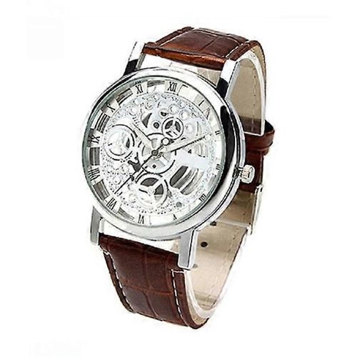 Argent Montre Squelette Transparent Marron Bracelet En Cuir Argent