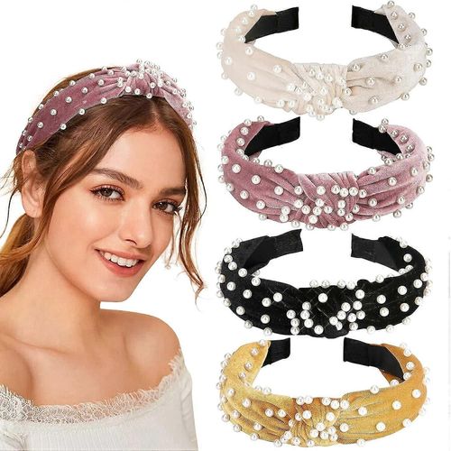 4 Pack Velvet Wide Headbands - Knot Turban Hairbands With Faux Pearl, Elastic Hair Hoops, Fashion Hair Accessories For Women And Girls (4 Colors)