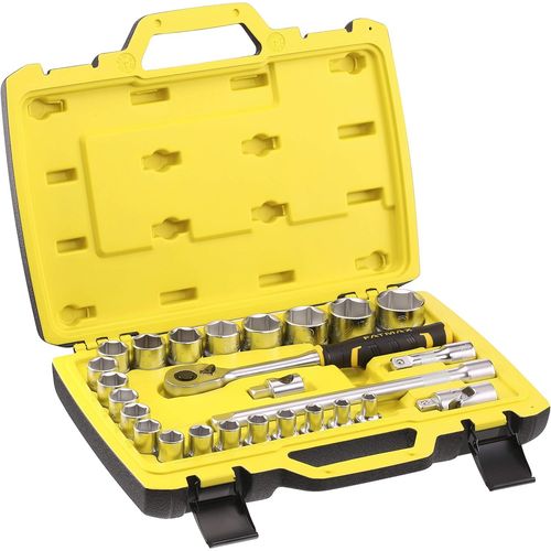 Stanley Fmmt82685-1 Coffret De 21 Douilles ¿" + Cliquet 120 Dents + 2 Rallonges + 1 Cardan + 1 Poignée Coulissante Coffret Compact Et Résistant Avec Attaches Métal - 26 Pièces - JACK DANIELS