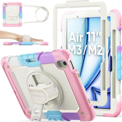 Coque Pour Ipad Air 11 Pouces M3/M2 2025/2024 / Air 7/6eme Génération, Coque Antichoc Avec Béquille/Dragonne Rotative À 360 Degrés/Protecteur D'écran/Porte-Crayon/Bandoulière, Camo+Rosa