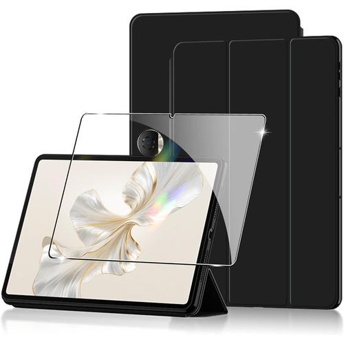 Coque Compatible Avec Honor Pad 9 2024 12.1 Inches+1 Pièces Protection Écran Verre Trempé,Couverture Intelligente Housse Etui Cuir Coque Avec Support -Noir
