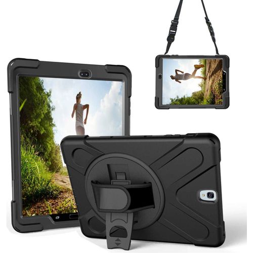 Coque Pour Galaxy Tab S3 T820/T825 (9,7 Pouces), Antichoc Robuste Étui Avec Support Rotatif, Dragonne Et Bandoulière Réglable Protection Housse Samsung Galaxy Tab S3 (T820 / T825), Noir