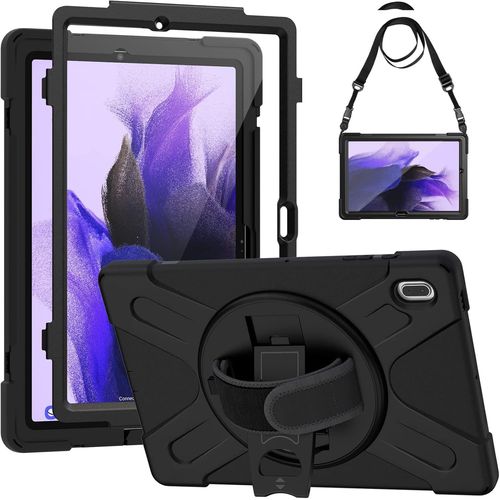 Coque Antichoc Pour Samsung Galaxy Tab S7 Fe/S8 Plus/S7 Plus 12,4""+Protection D'écran, Avec Béquille Rotatif, Dragonne Et Bandoulière Réglable, Porte-Stylet,Housse Pour Samsung Tab S7 Fe, Noir