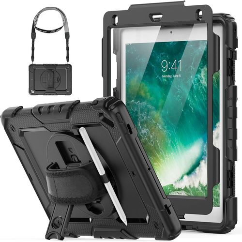 Coque Intégrale Résistante Aux Chocs Pour Ipad 9,7"" 2017/2018 (Ipad 6e/5e Génération, Ipad Air 2) Avec Béquille Pivotante À 360 Degrés, Dragonne, Bandoulière Et Protecteur D'écran ¿ Noir