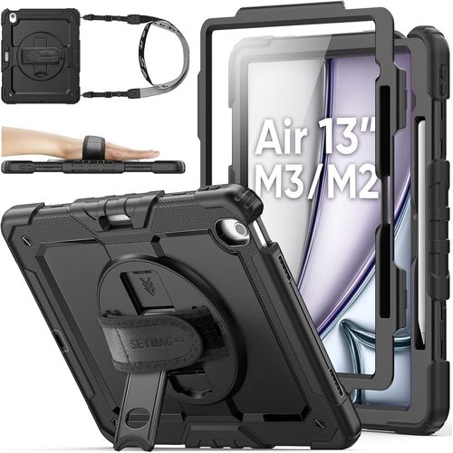 Coque Pour Ipad Air 13 Pouces (M3/M2) 2025/2024, Coque Antichoc Avec Béquille/Dragonne Rotative À 360 Degrés/Protecteur D'écran/Porte-Crayon/Bandoulière, Noir