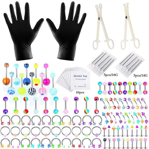 124pcs Piercing Kit En Acier Inoxydable Acrylique 14g 16g Nez Septum Fer À Cheval Lèvre Langue Sourcil Tragus Ventre Langue Mamelon Barbell Anneaux Piercing Bijoux