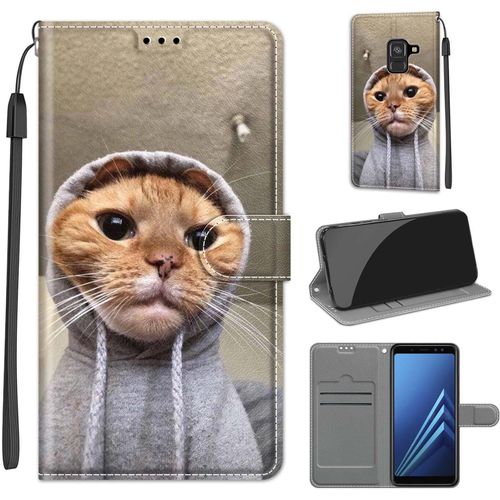 Coque Pour Samsung Galaxy A8 2018, Housse De Protection Etui À Rabat Premium En Cuir Pu Avec Fonction Stand Porte Carte Flip Case Motif Cover Pour Samsung A8 2018 - Chat Orange