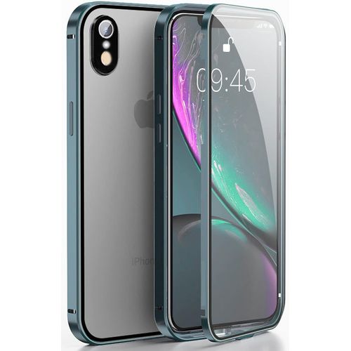 360 Degrés Coque Pour Iphone Xr Antichoc Housse Avec Protection D'écran Intégré Armature En Métal Bumper Double Face Transparent Verre Trempé Etui Pour Iphone Xr Coque Integrale - Bleu