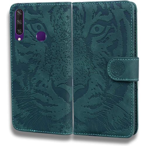 Coque Pour Huawei Y6p 2020 Étui À Rabat Folio Motif Tigre Housse Téléphone En Cuir Portefeuille De Protection Avec Support Et Porte Carte Magnétique, Antichoc Silicone Back Cover, Vert