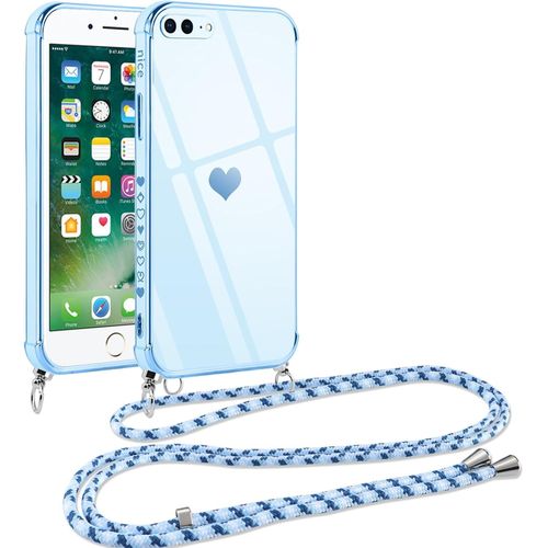 Coque Pour Iphone 8 Plus/Iphone 7 Plus Avec Cordon, Silicone Motif Coeur D'amour Mignon Étui Bumper Protection De Collier Lanyard Avec Chaîne Case Pour Iphone 8 Plus 5.5 Pouces, Bandoulière-Bleu