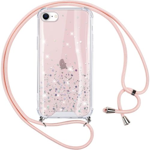 Coque Paillettes Avec Cordon Pour Iphone 8/Iphone Se 2020/Iphone 7/Se 2022, Glitter Case Avec Collier Silicone Pc Antichoc Cover Avec Réglable De Cordon Sparkle Etui Pour Iphone 8, Rose