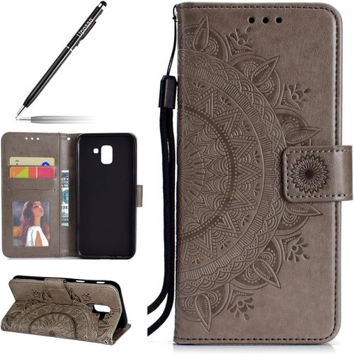 Housse Etui Samsung Galaxy J6 2018 Coque En Pu, Flip Cover Case Bumper Coque De Protection Pochette Portefeuille En Cuir À Rabat Clapet Étui Mandala Ultra Slim Coque Pour Galaxy J6 2018,Gris