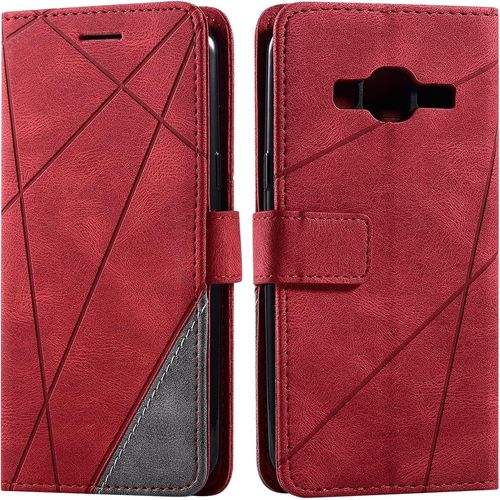 Coque Pour Samsung Galaxy J310 / J3 2016, Rabat Portefeuille De Protection Cuir Pu Etui, Slim Silicone Tpu Bumper Magnétique Housse, Flip Porte Cartes Avec Fonction Support Cover Case Rouge