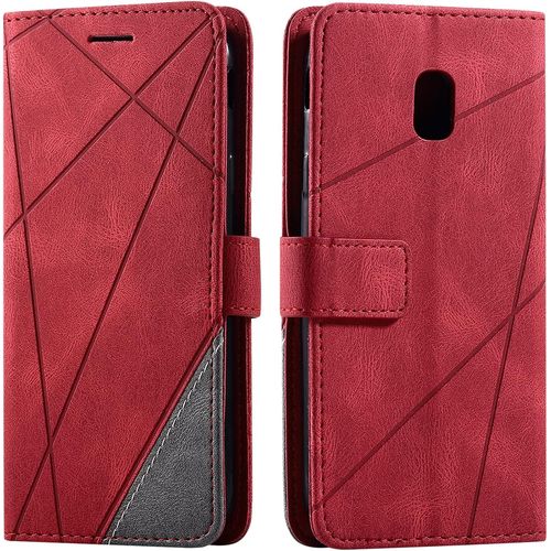 Coque Pour Samsung Galaxy J330 / J3 2017, Rabat Portefeuille De Protection Cuir Pu Etui, Slim Silicone Tpu Bumper Magnétique Housse, Flip Porte Cartes Avec Fonction Support Cover Case Rouge
