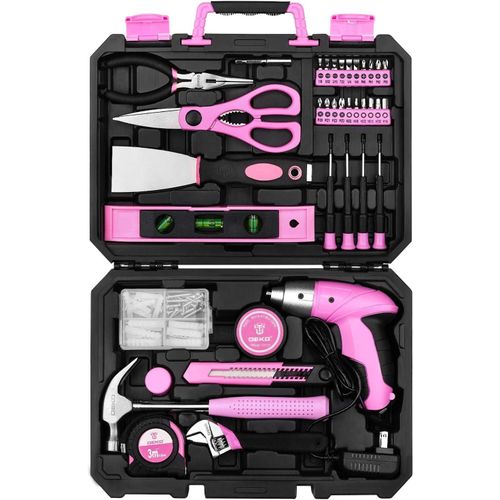 Malette Outils Rose 98 Pièces Avec Visseuse Électrique Sans Fil 3.6V, Caisse A Outil Complete De Réparation Maison, Bureau Et Atelier, Quincaillerie Et Kit De Bricolage - JACK DANIELS