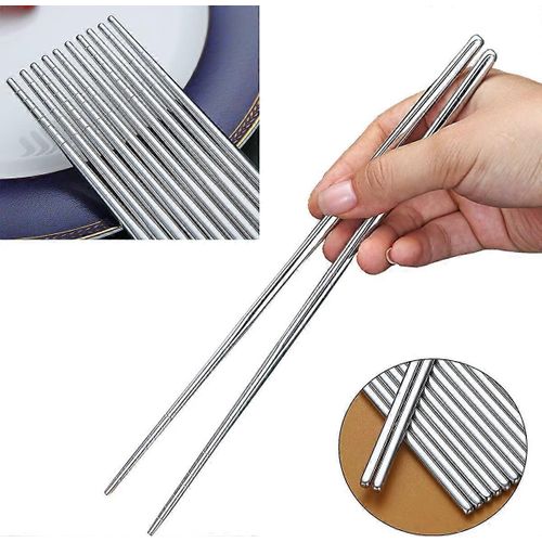 Baguettes En Métal Réutilisables Multicolores Légères 304 - Lavable Au Lave-Vaisselle - 10 Paires - Argent