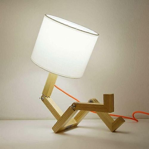 LED Lampe de Table Nordique Bois Creative Robot Articul Poupe avec Abat-Jour en Tissu Blanc avec tagre Livres pour Chambre d'tude de Chevet Jeunes En