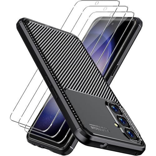 Coque Pour Samsung Galaxy S23 Fe + 3 X Protecteur D'écran En Verre Trempé Protection Complète Silicone Souple Tpu Anti-Choc Et Anti-Rayure Coque Noir