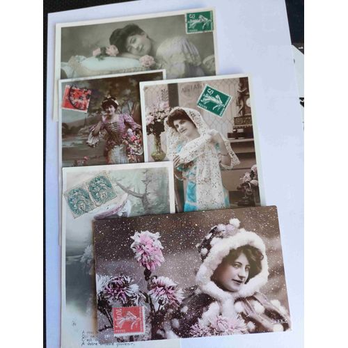 Lot De 5 Cartes Postales Anciennes, Écrites Et Timbrées : Femmes Seules, Robes Diverses, Années 1905/1910