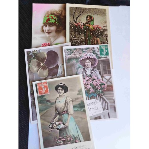 Lot De 5 Cartes Postales Anciennes, 1905/1910, Femmes Seules Et Bonne Ou Heureuse Année, Fleurs