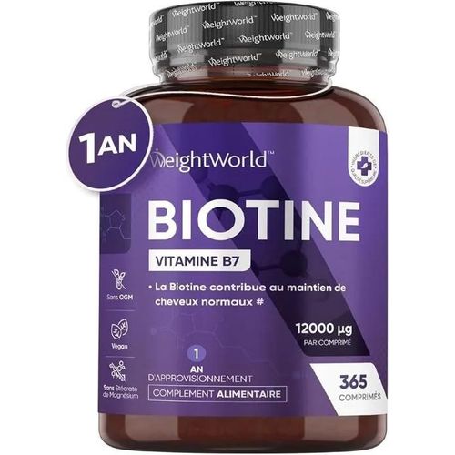 Biotine Cheveux 12 000 Mcg Pure - 365 Comprimés Vegan - Cheveux, Barbe & Peau - Vitamine B7/B8 - Dosage Élevé 