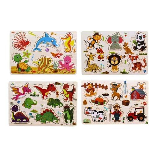Pack De 4 Puzzles En Bois Jouet Éducatif Et Montessori Enfants Animaux, Zoo, Marin Et Dinosaures - Dès 2 Ans