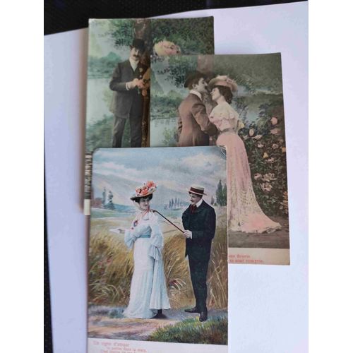 Lot De 3 Cartes Postales Anciennes (2 Non Écrites) : Couples, Cartes Couleurs Superbes