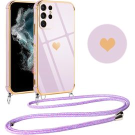 Coque Pour Samsung Galaxy S22 Ultra 5g Avec Cordon, Silicone Motif Coeur D'amour Mignon Étui Bumper Protection De Collier Lanyard Avec Chaîne Case Pour Samsung S22 Ultra 5g 6.8 Pouces, Lila