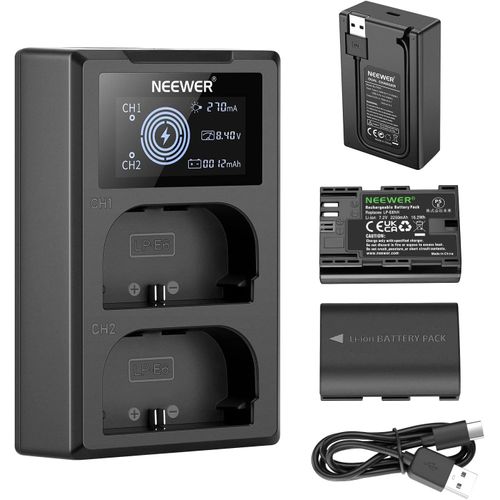 NEEWER LP-E6NH Kit de Chargeur de Batterie de Remplacement,Compatible avec Canon EOS R7 R5 R6 R,5D III IV,6D II,7D II,70D,80D,90D,Pack de 2 Batteries,Double Chargeur USB avec écran LCD,USB-C Cable