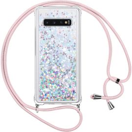 Coque Samsung Galaxy S10 Avec Cordon,Paillette Liquide Transparent Crystal Glitter Housse,Protection Antichoc Silicone Souple Tpu Bumper Case,Réglable Collier Pour Samsung S10