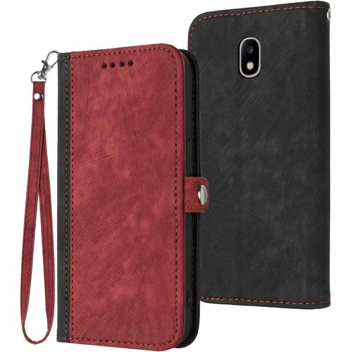 Coque Pour Samsung Galaxy J330 / J3 2017, Etui En Cuir Pu Premium Housse De Protection Rabat Portefeuille Avec Rangements De Cartes Et Pochette Fermeture Magnétique Flip Béquille Rouge