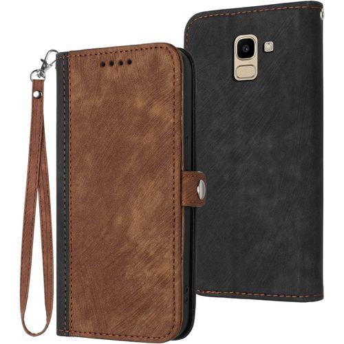 Coque Pour Samsung Galaxy J6 2018, Etui En Cuir Pu Premium Housse De Protection Rabat Portefeuille Avec Rangements De Cartes Et Pochette Fermeture Magnétique Flip Béquille Marron