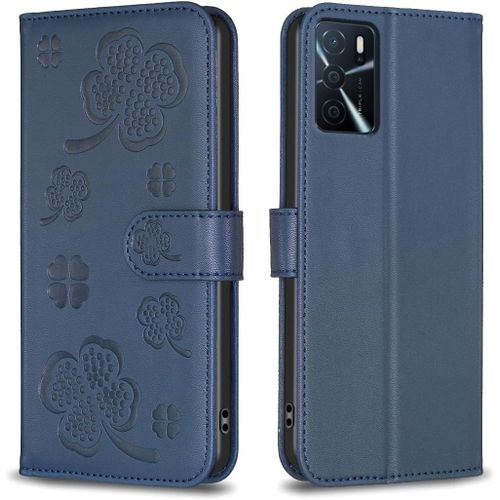 Coque Pour Oppo A16-360° Protect Trèfle Etui Housse En Rabat Cuir Portefeuille Carte Magnétique Dragonne Folio Argent Poche Case Pour Oppo A16s / Oppo A54s / A55 5g / A54 4g Xyc -Blue