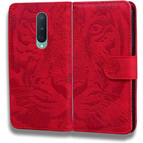 Coque Pour Oneplus 8 Cuir Flip Wallet Cover Portefeuille Étui Housse En Cuir À Rabat Avec Porte Carte Pour Oneplus 8 Coque Tiger Embossed Rouge