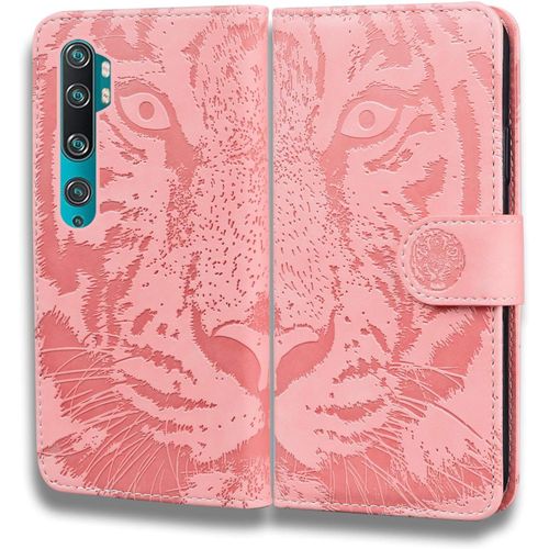 Coque Pour Xiaomi Mi Cc9 Pro Cuir Flip Wallet Cover Portefeuille Étui Housse En Cuir À Rabat Avec Porte Carte Pour Xiaomi Mi Cc9 Pro/Xiaomi Mi Note 10 Coque Tiger Embossed Rose