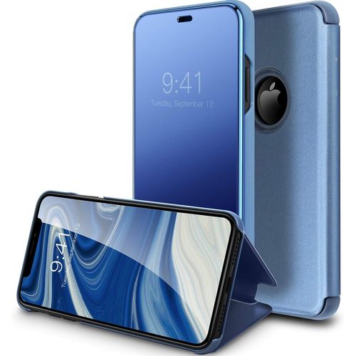 Coque Pour Iphone Xs Max, Smart Clear View Mirror Electroplate Plating Kickstand Feature Full Flip Folio Protective Case For Apple Iphone Xs Max 6.5"" Bleu