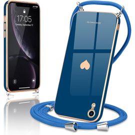 Chaîne de téléphone portable Pour iPhone XR - Avec cordon de serrage - Protection de l'appareil photo - C?ur d'amour - Avec collier - En silicone - Pour iPhone XR - Bleu