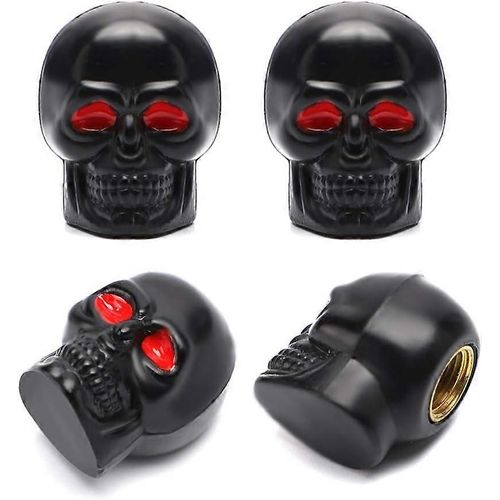 4 Pièces Chrome Crâne Valve Caps Pneus Capuchons Accessoires De Voiture Universel Bouchons De Valve Pour Voiture Suv Camion Moto Vélo (Black Skull)