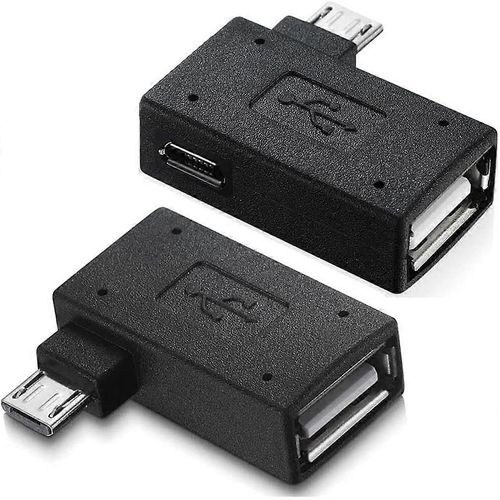 Adaptateur micro USB OTG avec port de charge USB, angle gauche et angle droit à 90 degrés, pour téléphone ou tablette Android avec interface Micro5p - Paquet de 2